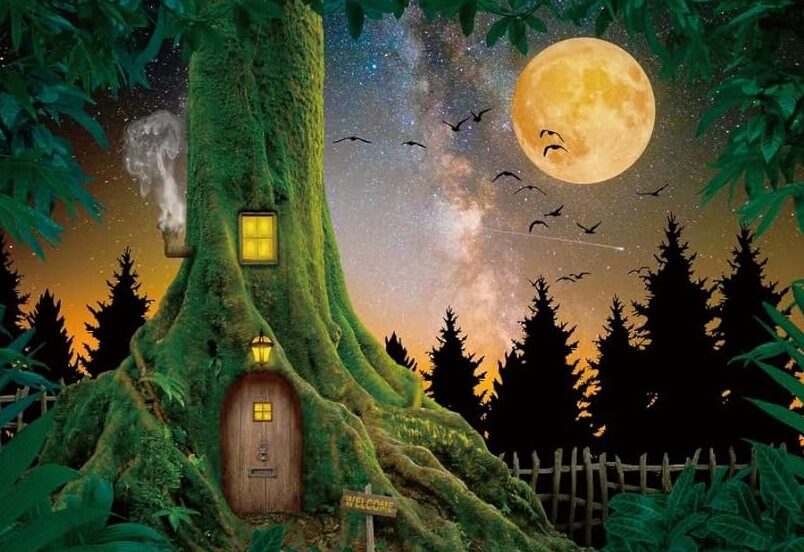 AWERT Fondo de bosque mágico de 10x8 pies Cuento de hadas Luna llena Pájaros voladores Casa del árbol nocturno Fondo de fotografía de la Vía Láctea Pinos Musgo Niño Niño ...